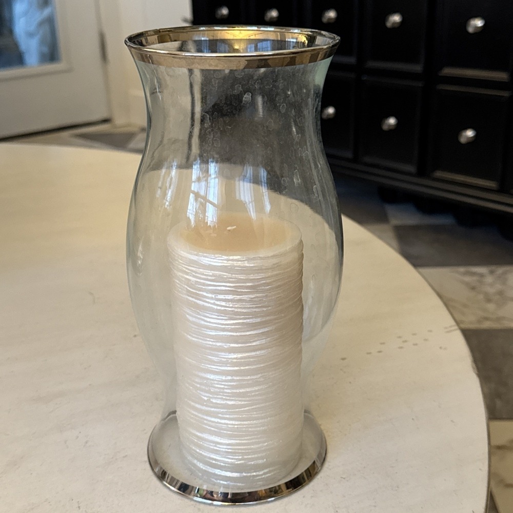 Clear glass Silver Rim hurricane candle shade/cloche 10" holder home decor